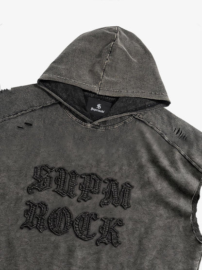Distressed Washed Sleeveless Hoodie 