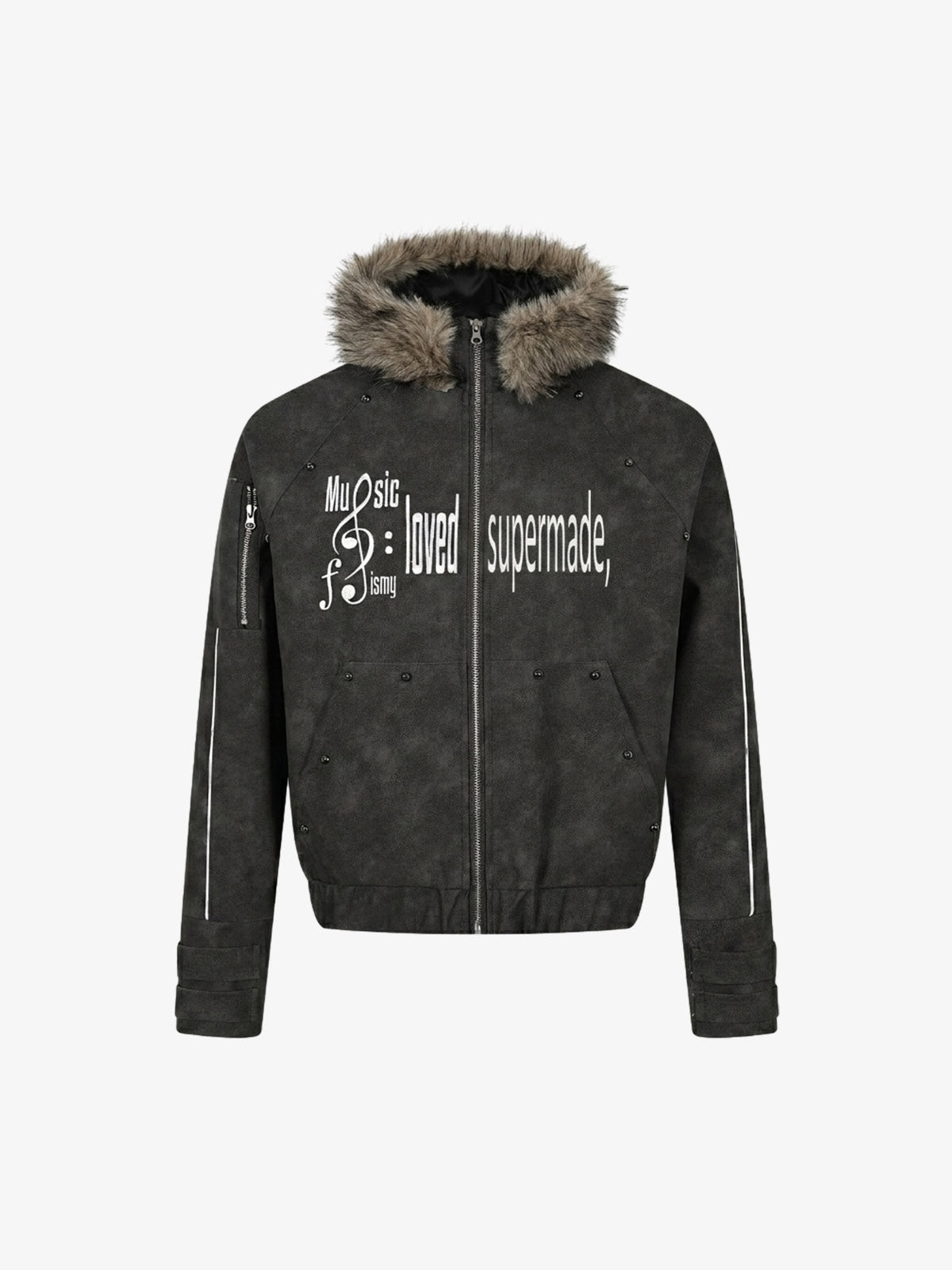 Letter Graphic Fur-Collar Zip-Up Jacket