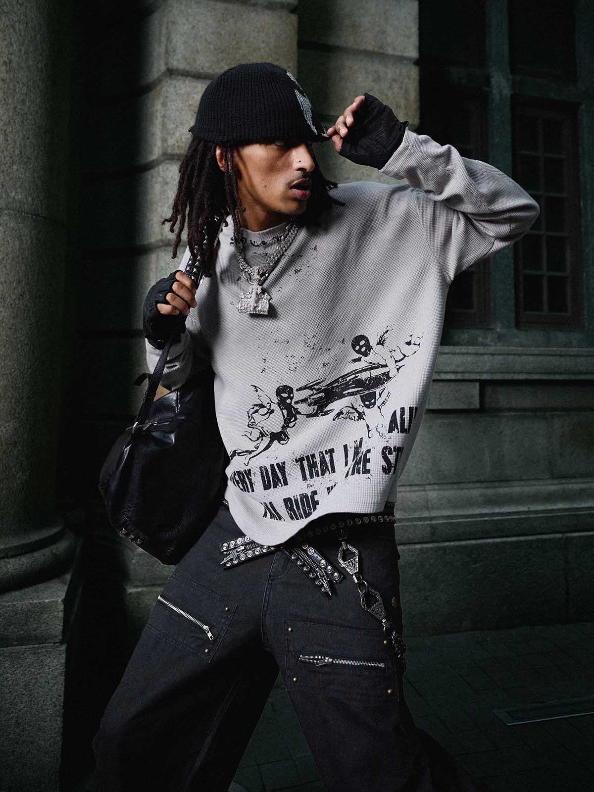 Waffelstrick Distressed Gradient Print Long-T-Shirt