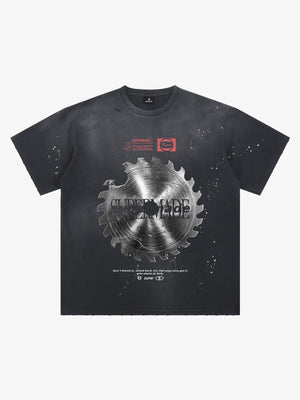 Thesupermade High-street Ink-splatter Wash Distressed Dark Damaged Gear Print T-shirt 