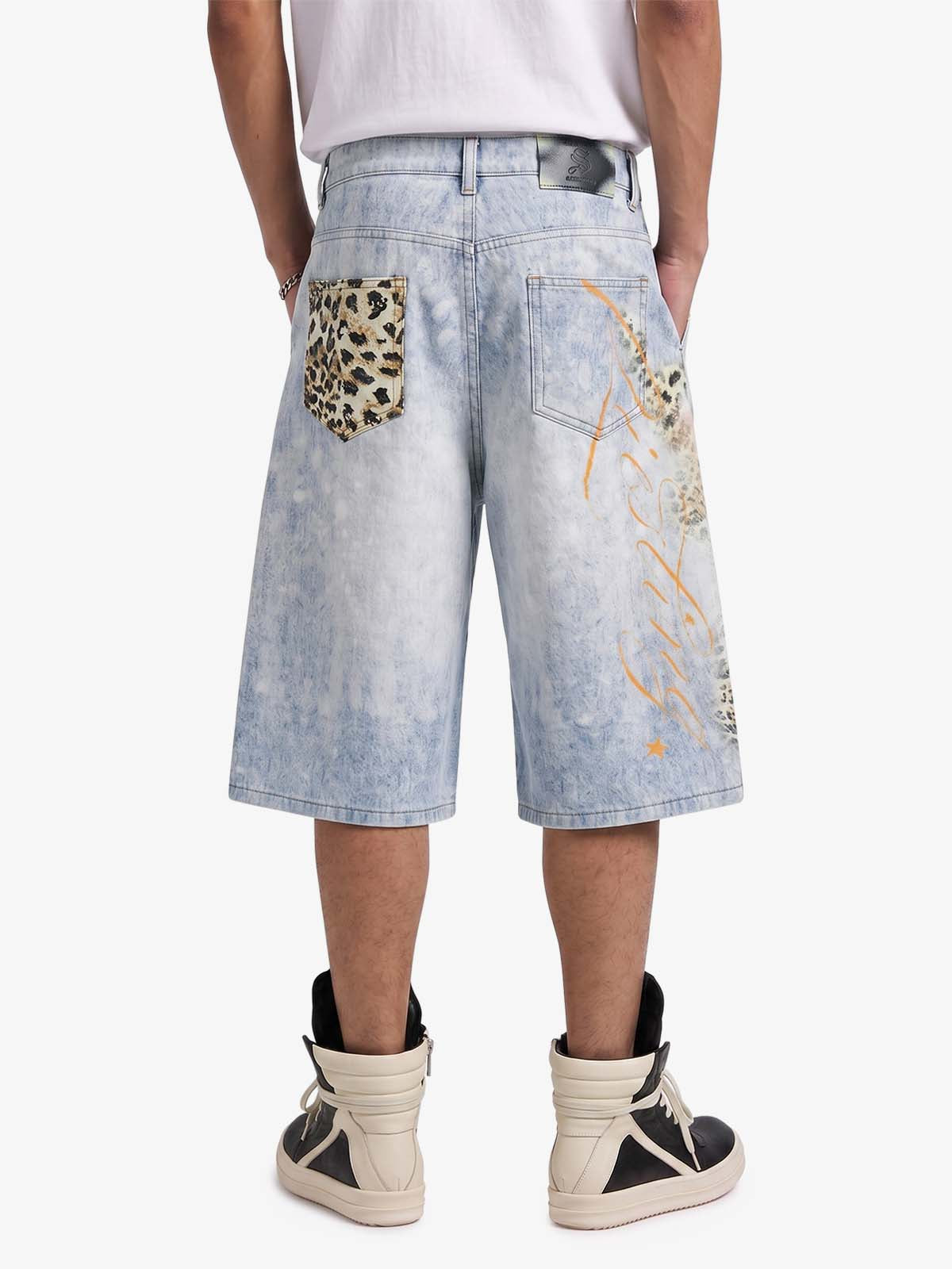 Light Wash Denim Shorts with Floral & Leopard Details