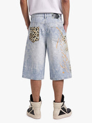 Light Wash Denim Shorts with Floral & Leopard Details
