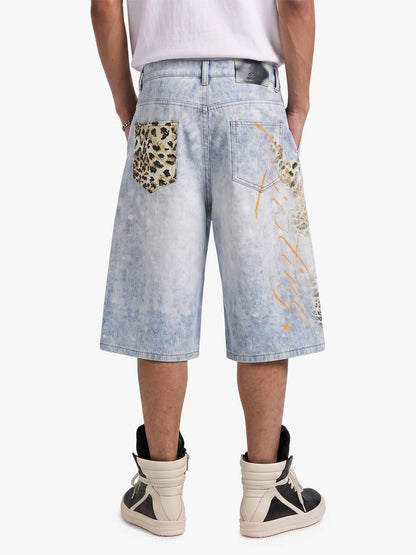 Light Wash Denim Shorts with Floral & Leopard Details
