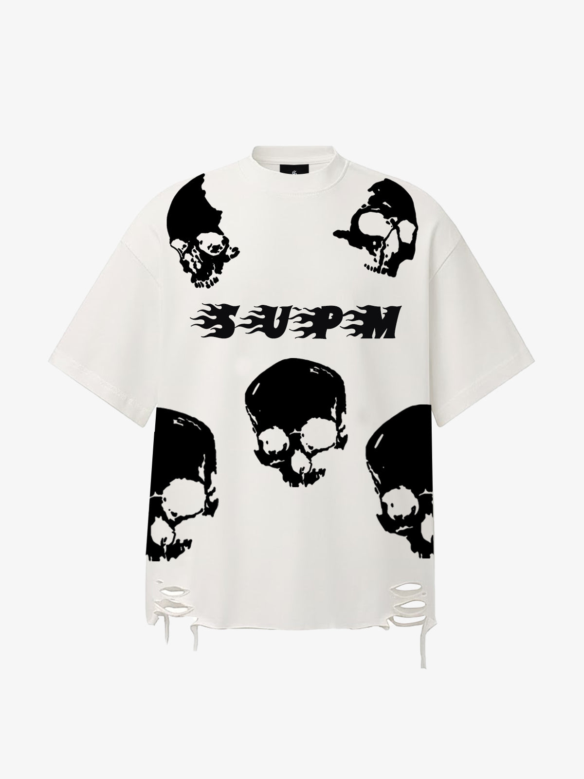 Oversized Flame Logo Skull Print T-Shirt with Distressed Hem 