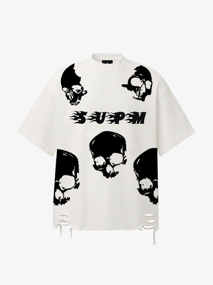 Oversized Flame Logo Skull Print T-Shirt with Distressed Hem 
