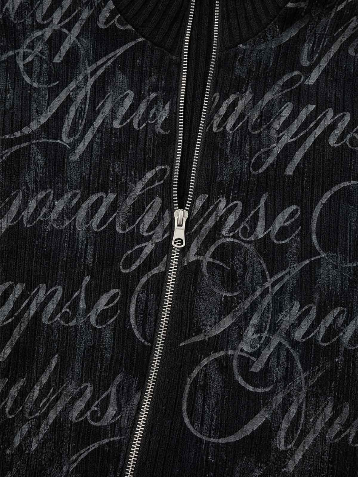 Studded Gothic Letter Stand-Collar Zip Knit Sweater