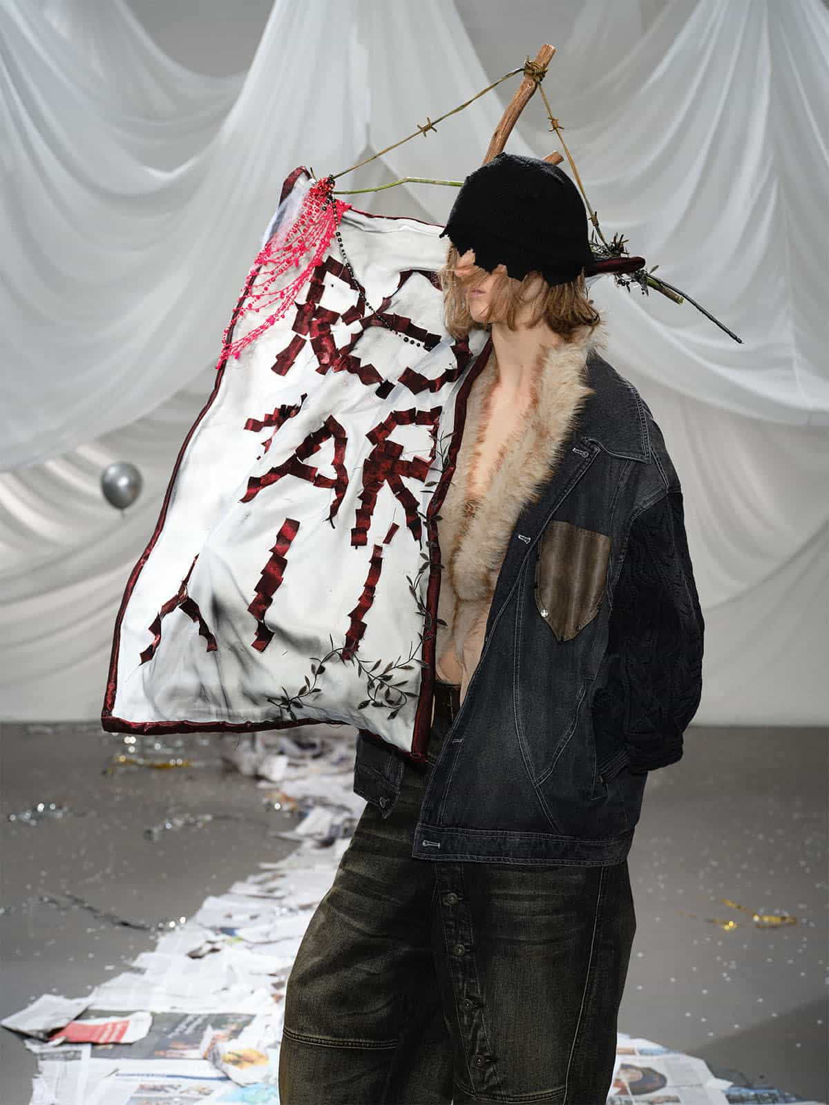 Stylish Denim Jacket with Cable Knit Sleeves and Leather Patches for Men 