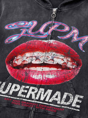 Cracked-Lip Graphic Distressed Zip Hoodie