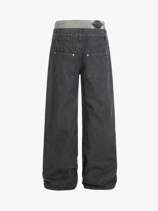 Vintage Washed Layered Waist Wide Leg Denim Jeans