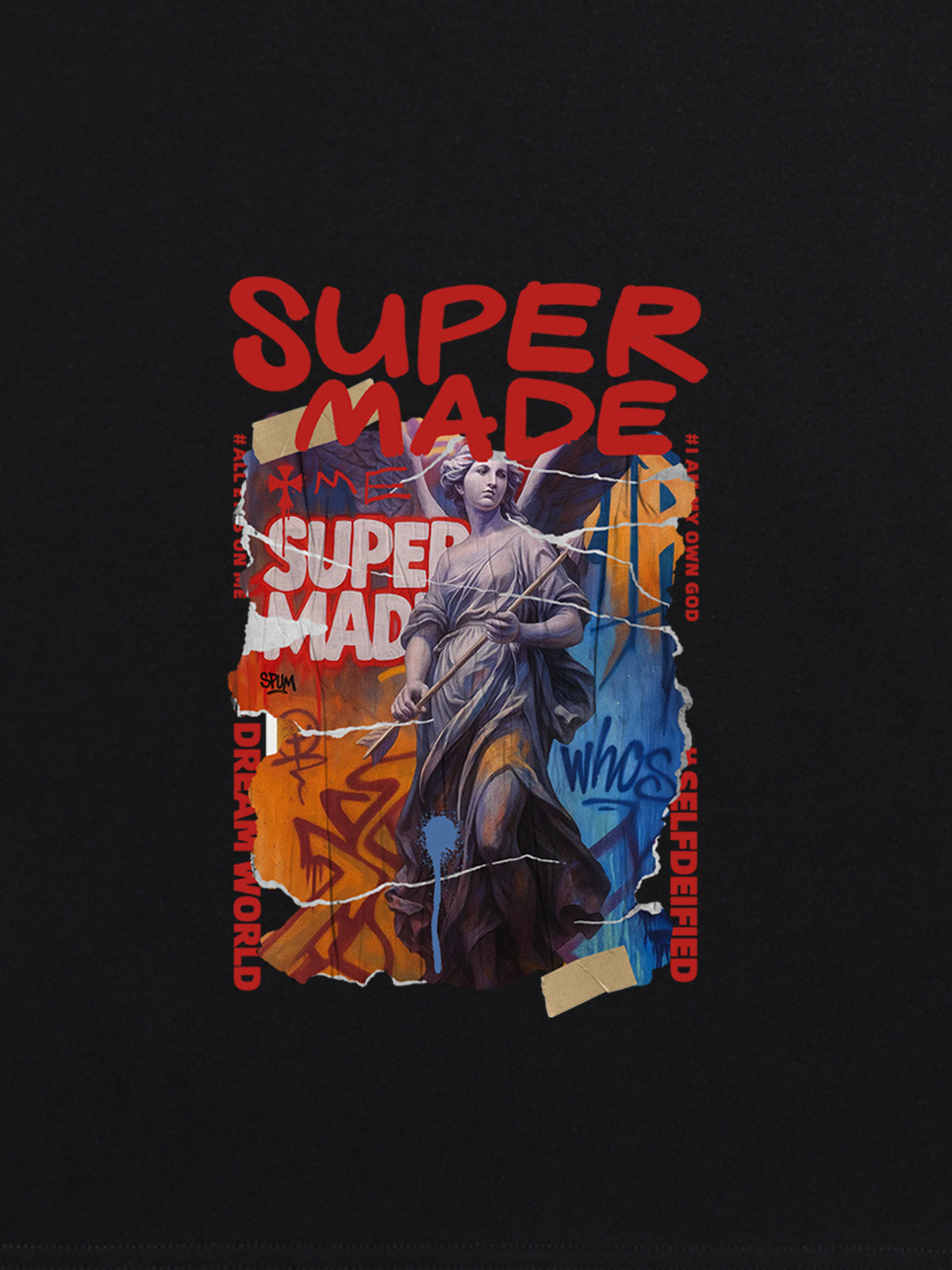 Cotton Blend SUPERMADE Sculpture Sraffiti Sticker Pattern T-Shirt 