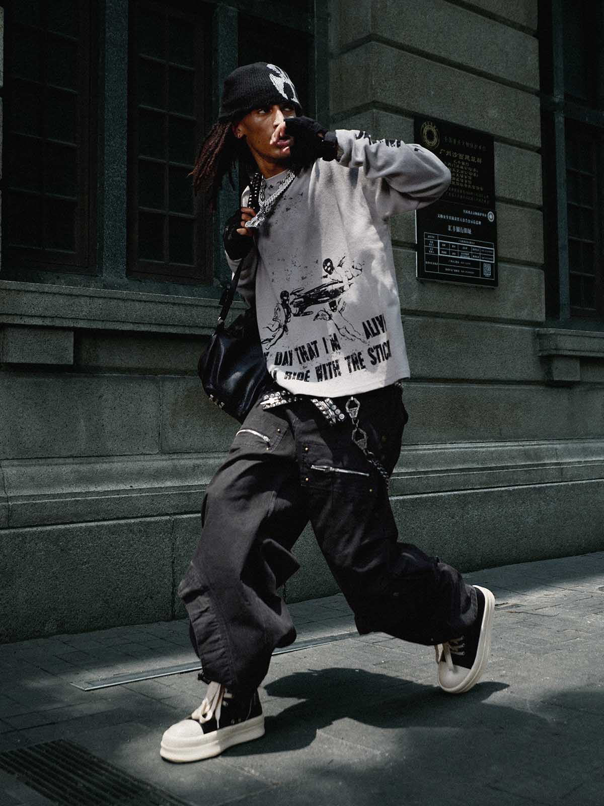 Waffelstrick Distressed Gradient Print Long-T-Shirt