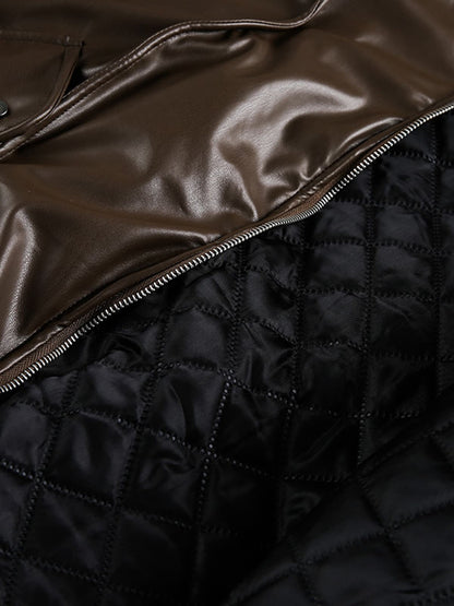 Retro Brown Faux Leather Zip-Up Bomber Jacket 