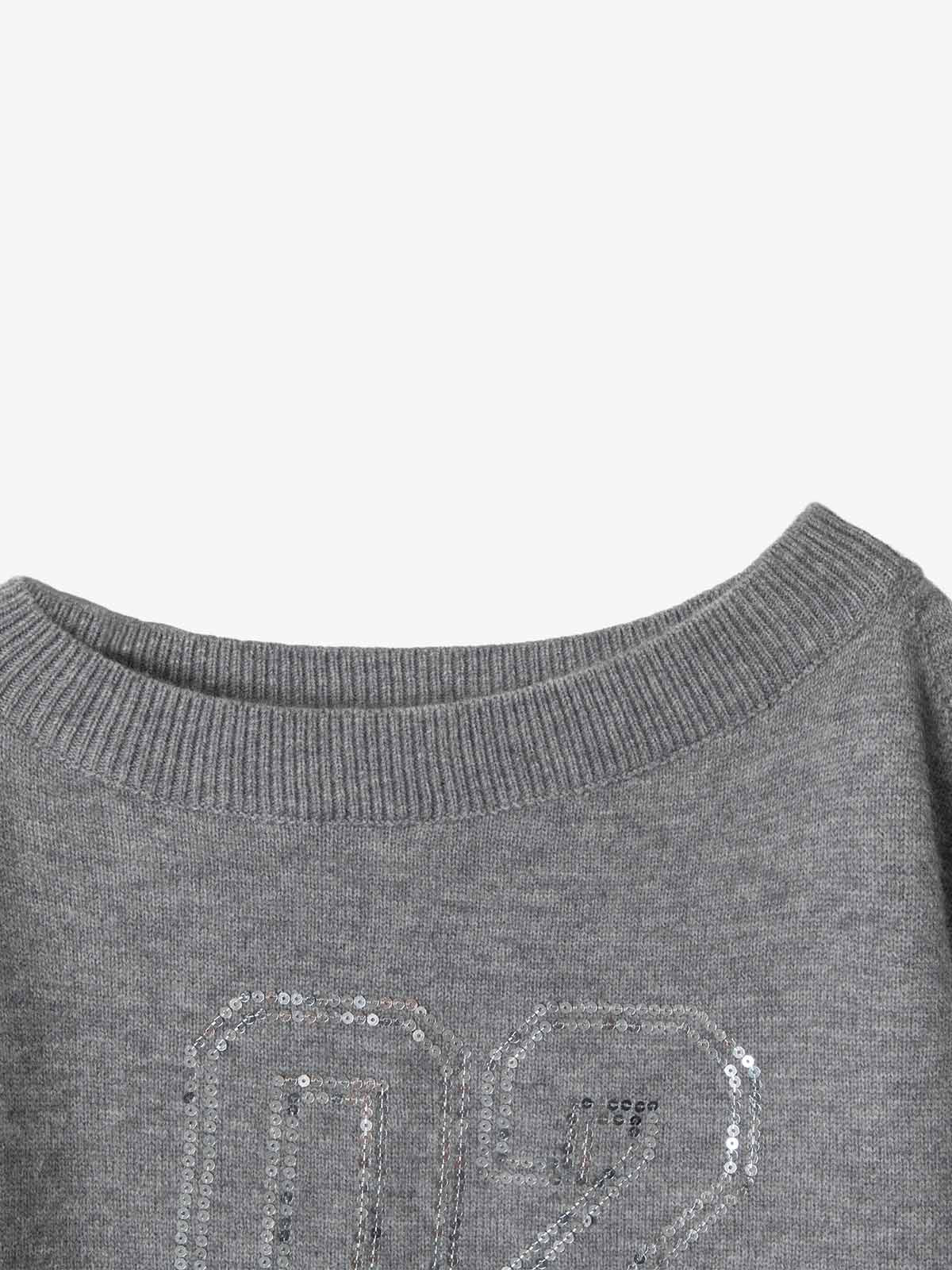 Off-Shoulder Sequin Number Graphic Sweater