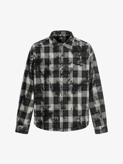 Washed Cotton Plaid Long Sleeve Shirt with Distressed Pattern and Chest Pocket 
