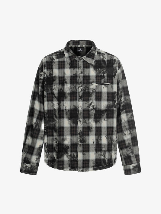 Washed Cotton Plaid Long Sleeve Shirt with Distressed Pattern and Chest Pocket 
