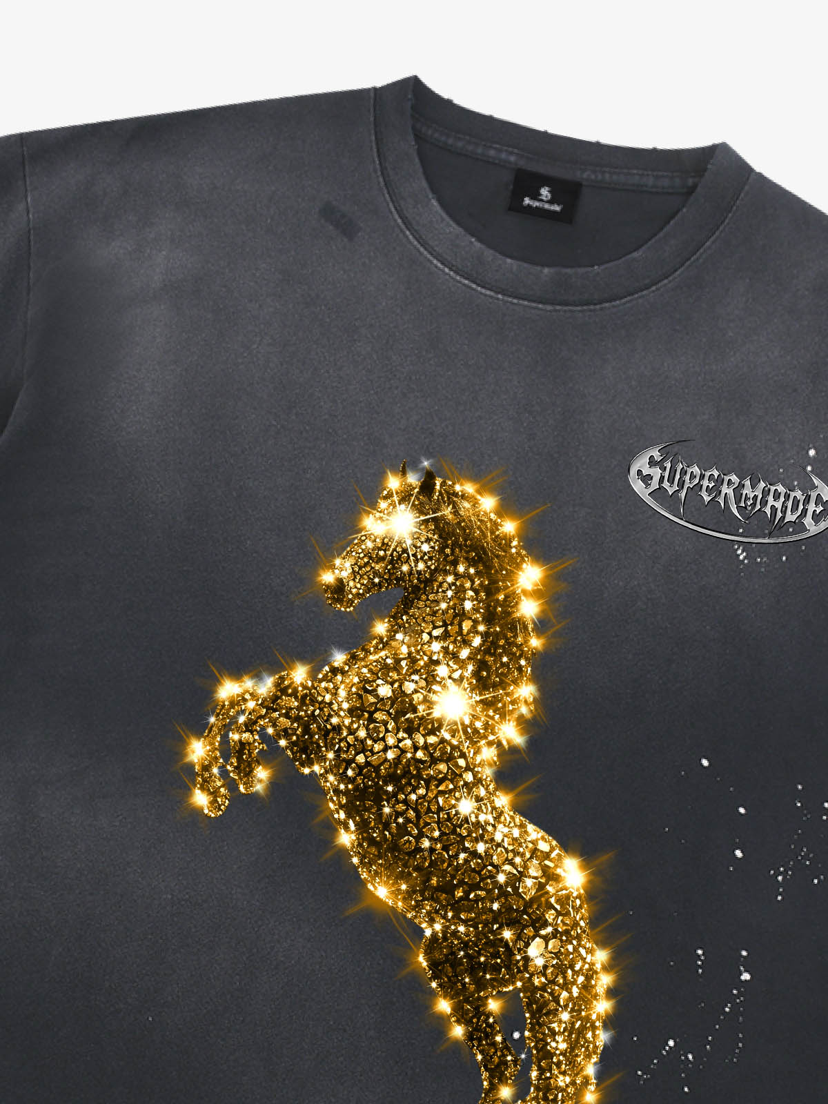 Unisex Washed Ink Blending Dual Color Cotton Horse Year Embroidered Diamond Horse Element Pattern Short-Sleeve T-Shirt 