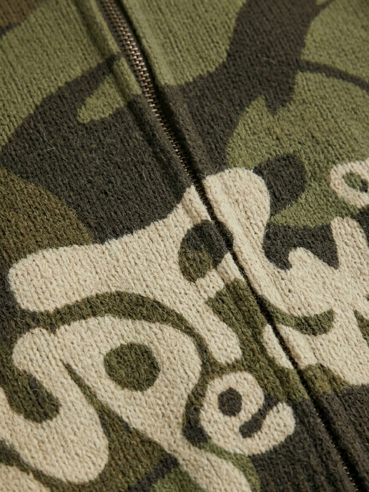 Camo Pattern Jacquard Knit Full-Zip Stand Collar Sweater