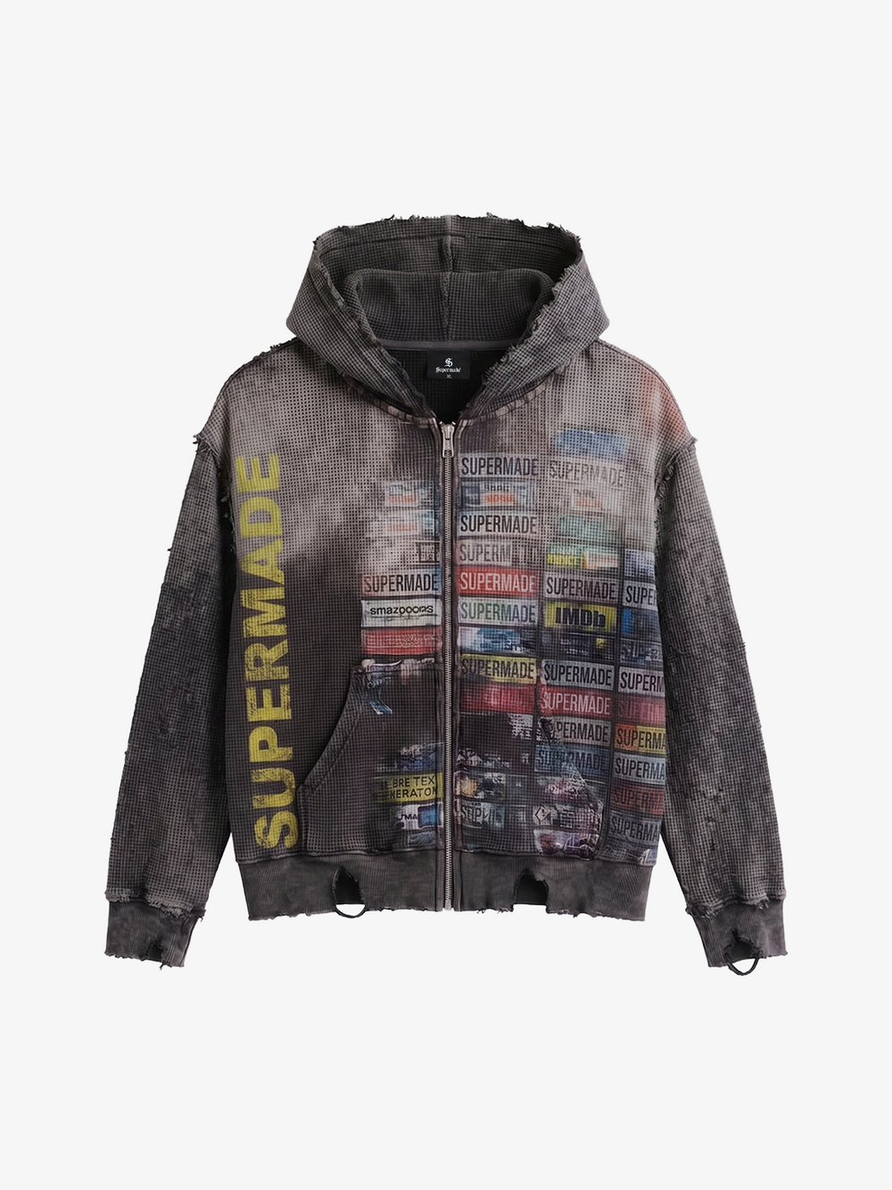 Distressed Multi-Label Zip-Up Hoodie