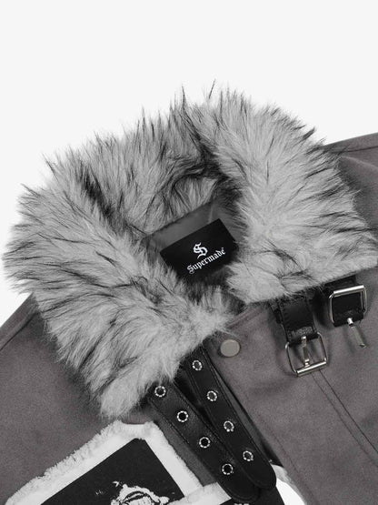 Faux Fur Collar Patchwork Embroidered Quilted Jacket