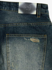 Retro Rhinestone Letter Embroidery Distressed Baggy Jeans 