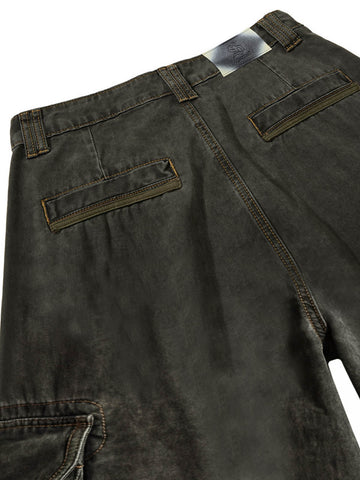 Retro punk style multi-pocket wide-leg cargo pants with rivet pleats and logo print design. 
