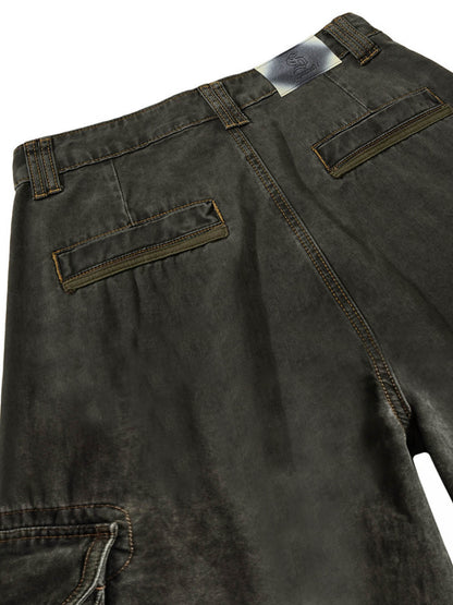 Retro punk style multi-pocket wide-leg cargo pants with rivet pleats and logo print design. 