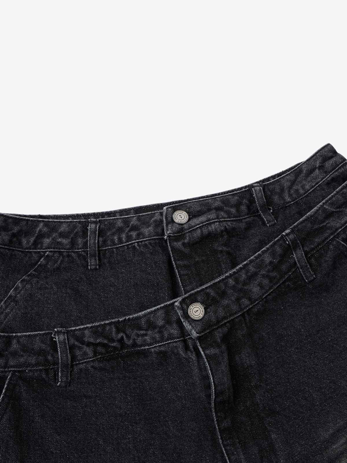 Double Waistband Ripped Denim Shorts 