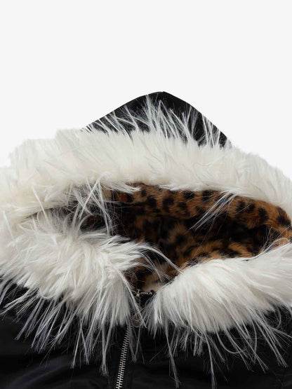 Retro Fur Collar Ruched Leopard Lining Bomber Jacket 