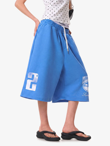 Distressed Letter Graphic Cropped Wide-Leg Shorts