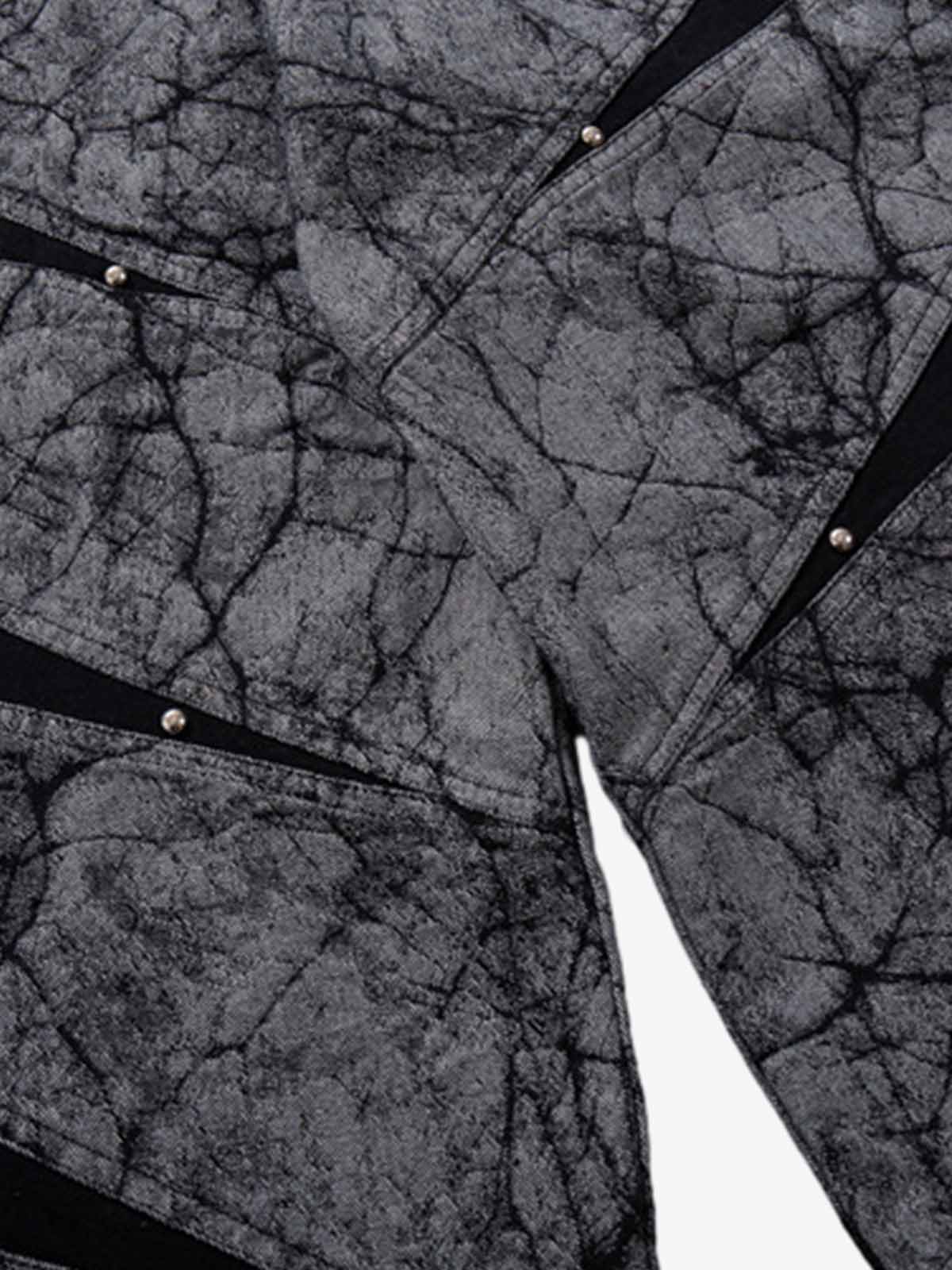 Cotton Blend Wide Leg Pants with Cracked Print and Black Panel Details 