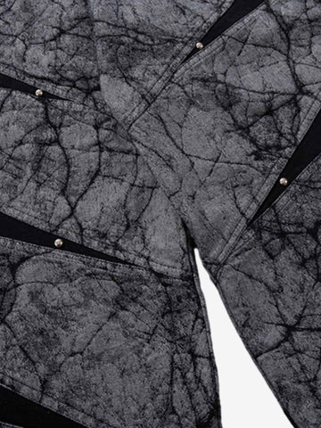 Cotton Blend Wide Leg Pants with Cracked Print and Black Panel Details 