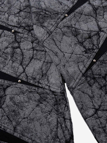 Cotton Blend Wide Leg Pants with Cracked Print and Black Panel Details 