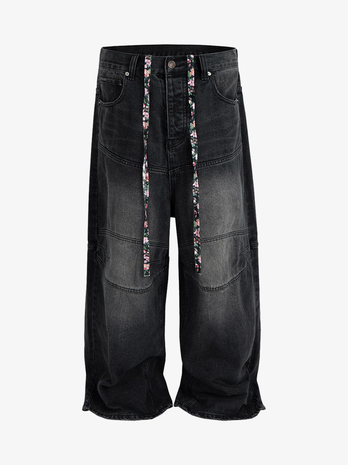Wide-Leg Denim Trousers with Unique Floral Drawstring and Bold Street Style Design 