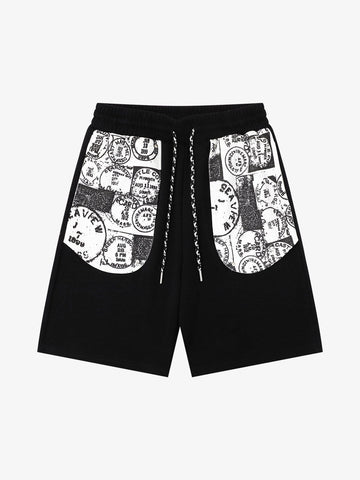 Stamp Print Patch Pocket Knit Shorts 