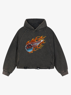 Flame Wing Biker Graphic Washed Distressed Hoodie