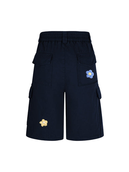Retro Floral Embroidered Pleated Multi-Pocket Cargo Jorts 