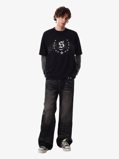 Cotton Blend Layered Sleeve Graphic T-Shirt with Star Print Design 