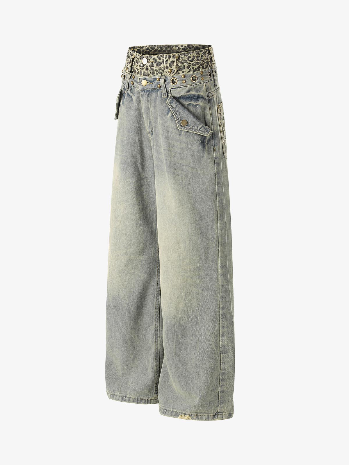 Denim Wide Leg Pants with Leopard Waistband and Gold Hardware 
