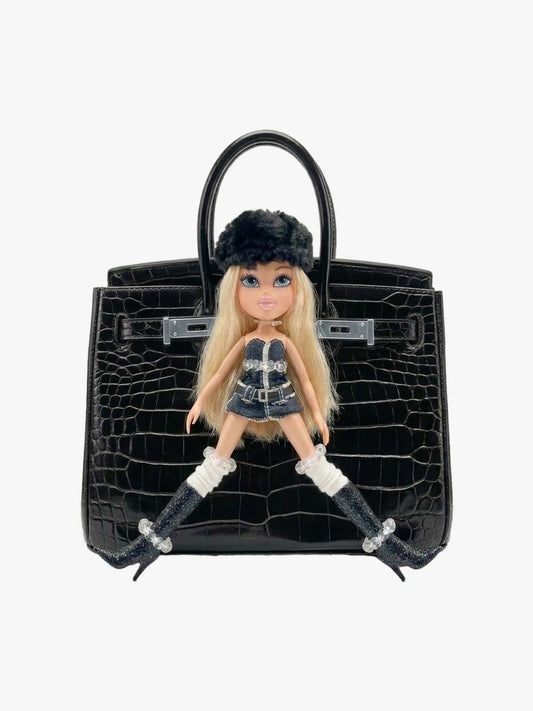 Crocodile-Embossed Black Leather Handbag with Silver Hardware and Doll Display 