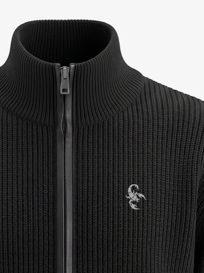 Leather Patch Embroidered Zip Cardigan