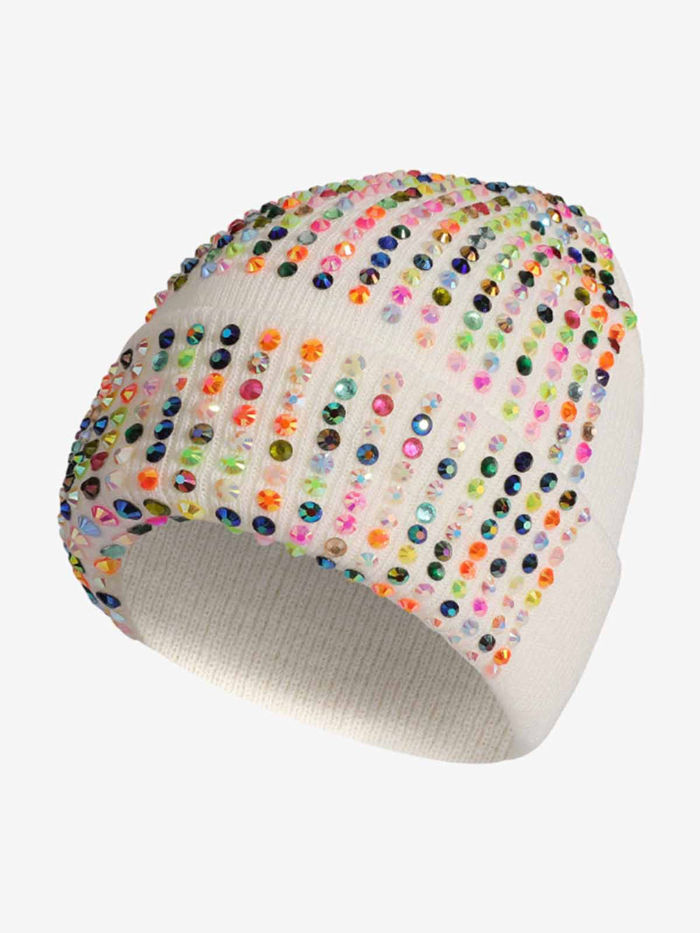 Rhinestone Embellished Ribbed Knit Beanie Hat 