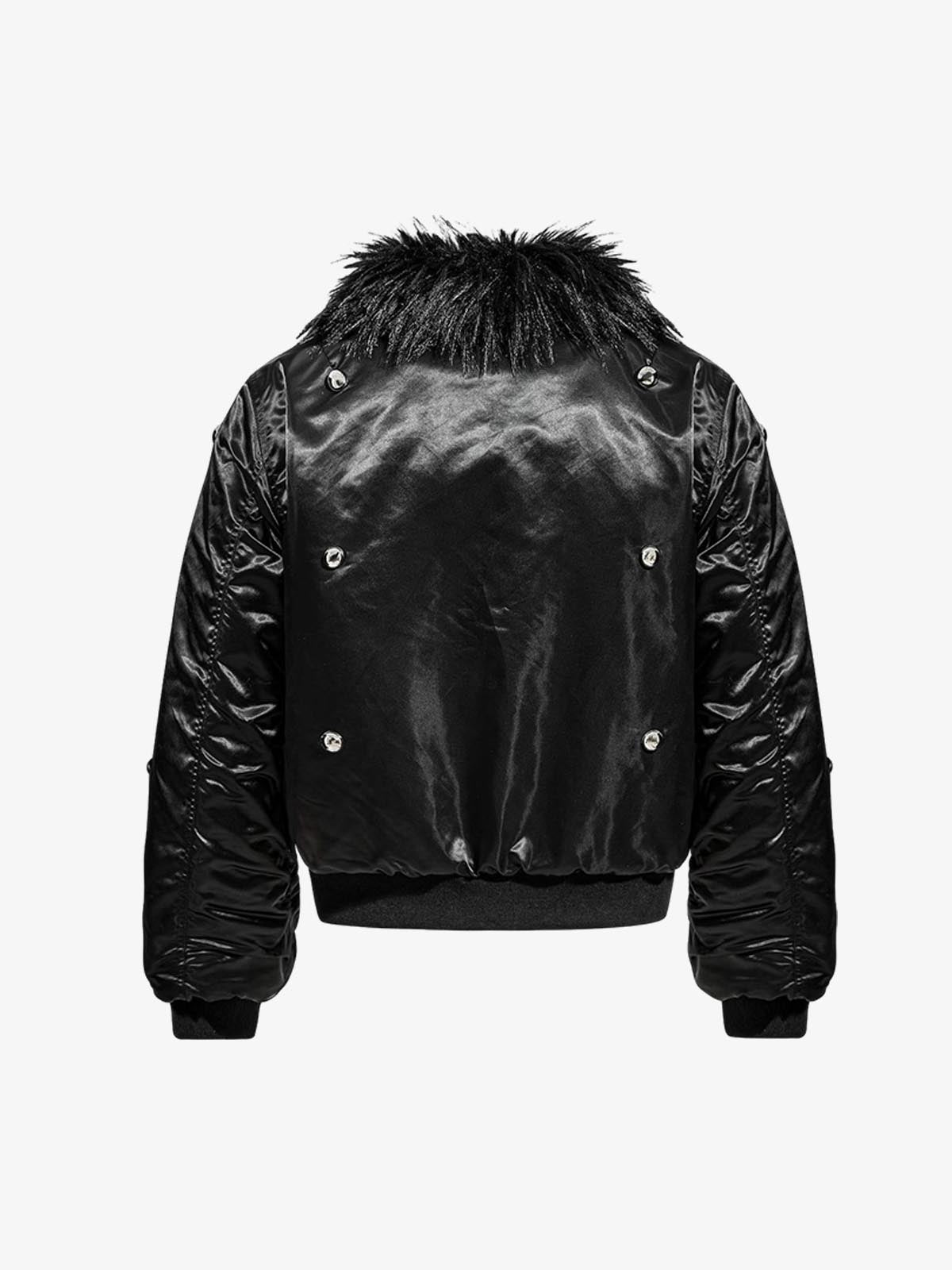 Detachable Faux Fur Collar Glossy Padded Bomber Jacket