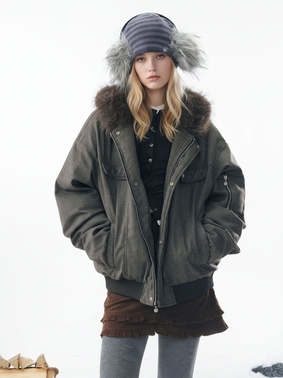 Winter Essential Bomber Jacket with Faux Fur Trimmed Hood 