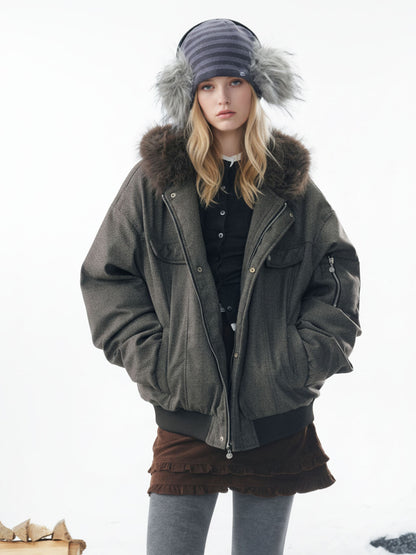 Winter Essential Bomber Jacket with Faux Fur Trimmed Hood 