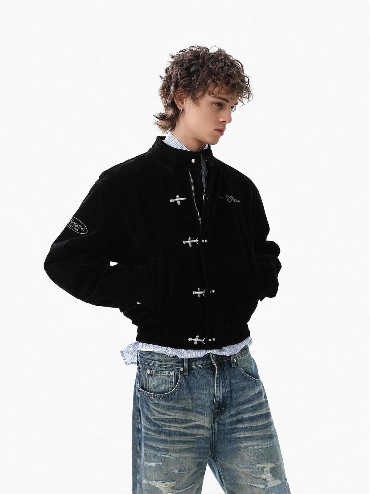 Vintage Suede Embroidered Toggle-Buckle Stand Collar Down Jacket 