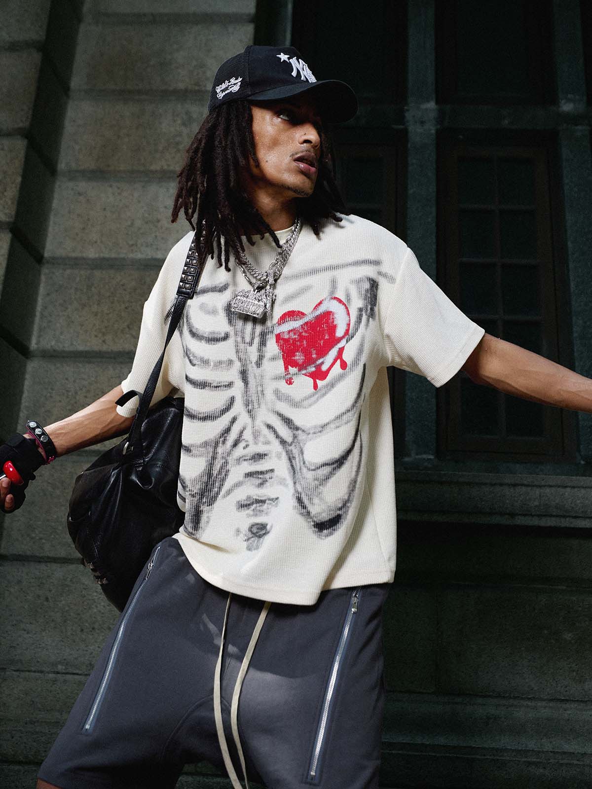 Skeleton & Melted Heart Graphic Waffle Knit T-Shirt