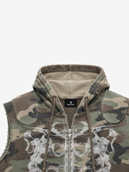 Skull Graphic Padded Distressed Hoodie