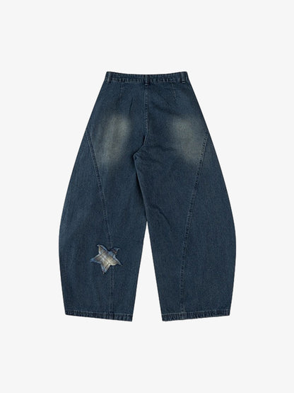 Vintage Design Lace-up Star Embroidered Scimitar Jeans 