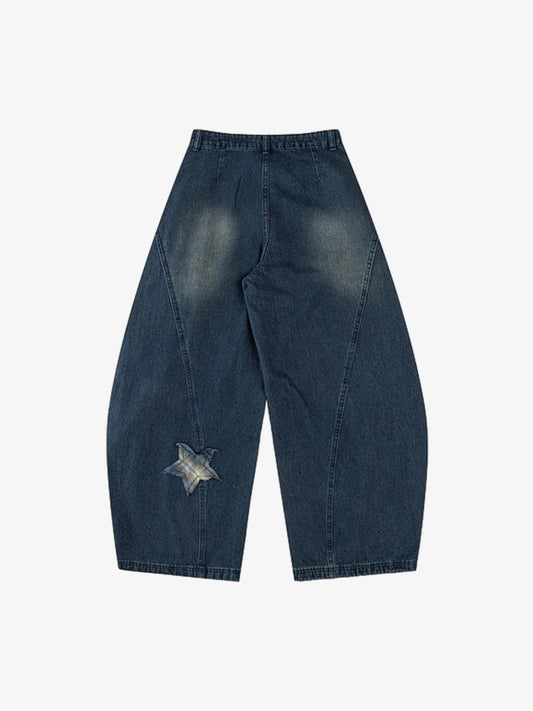 Vintage Design Lace-up Star Embroidered Scimitar Jeans 