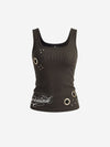 Letter Embroidered Rhinestone Eyelet Ribbed Tank Top